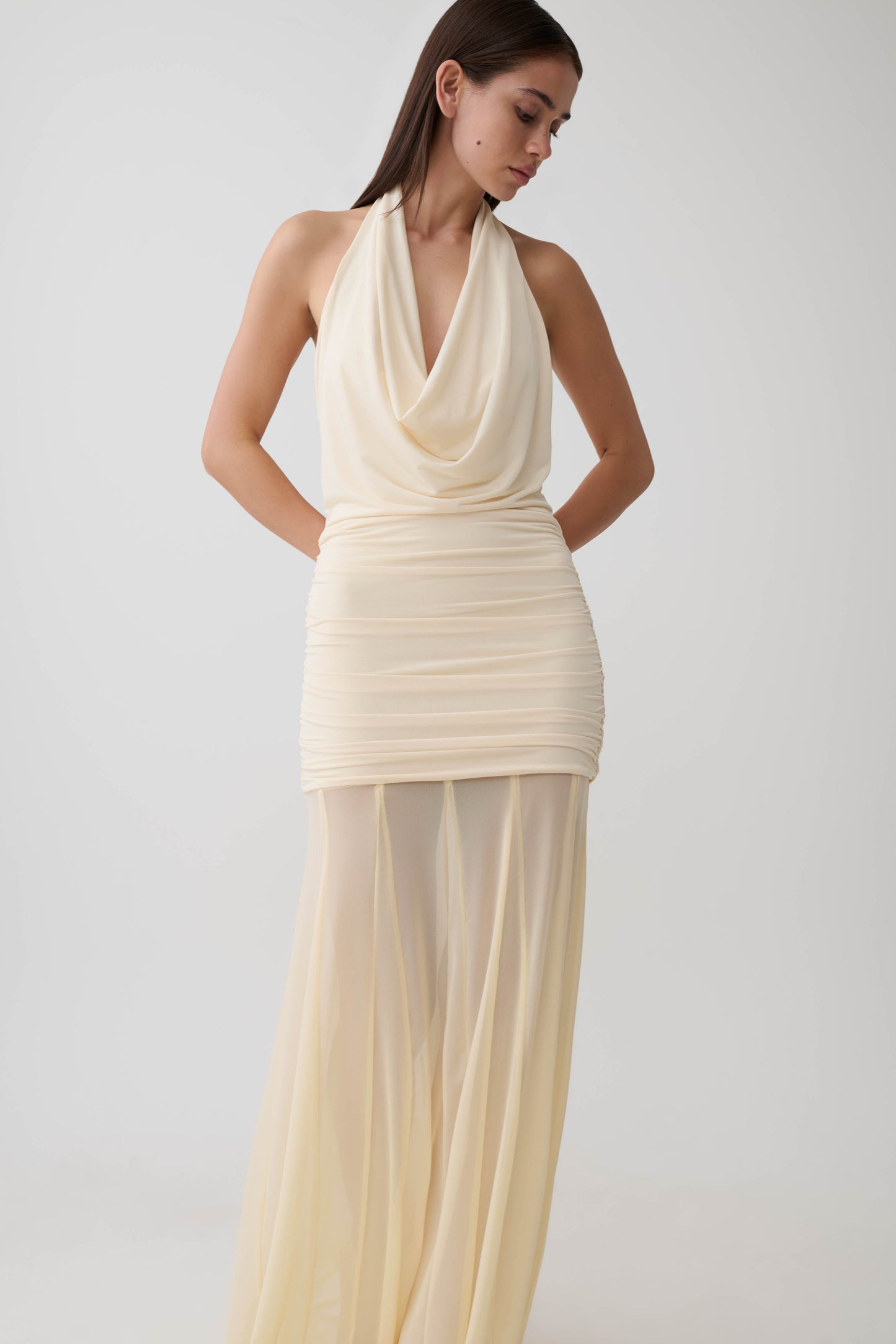 Jorja Draped Halter Slinky Maxikleid - Elfenbein