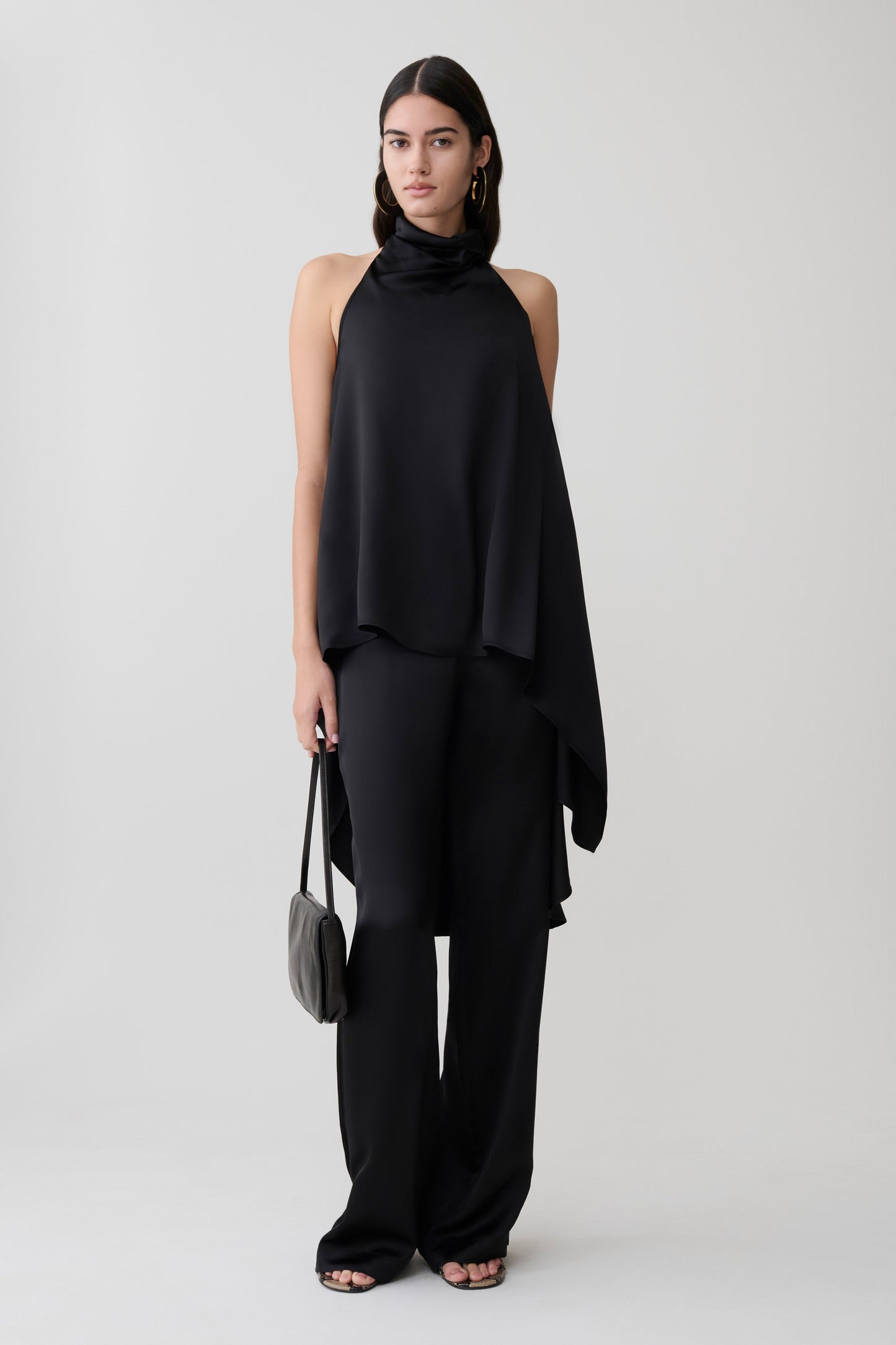 Sydney Asymmetrisches Satin Haltertop - Schwarz