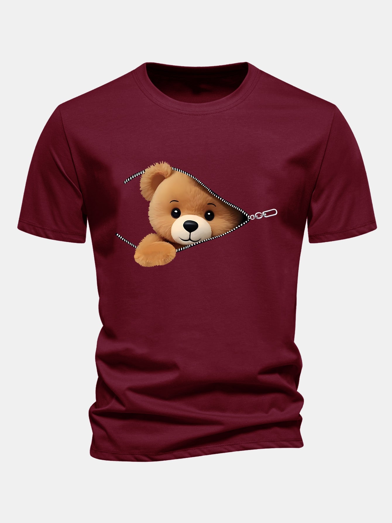 Reguläre Passform Reißverschluss Bären Druck Baumwoll T-Shirt