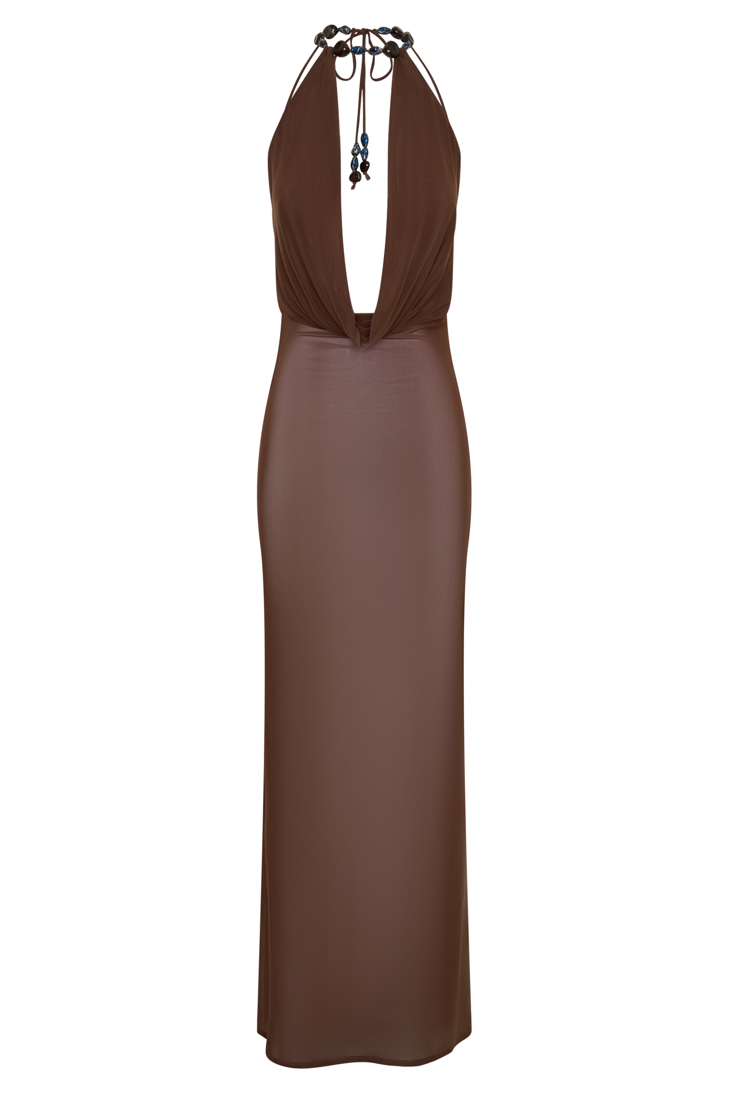 Ethal Mesh Cowl Neck Beaded Maxi Dress - Schokolade