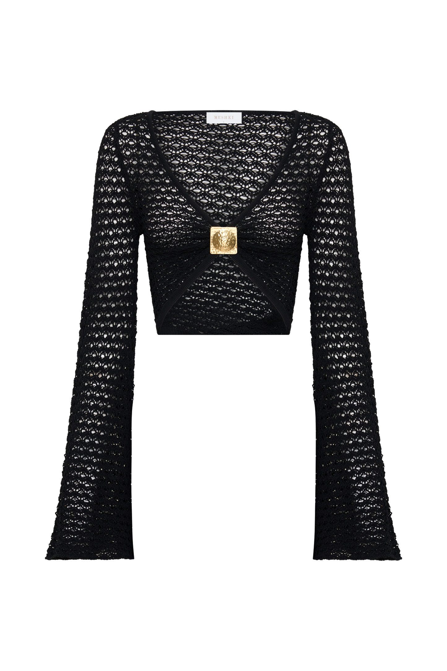 Mania Häkel Langarm Cropped Top - Schwarz