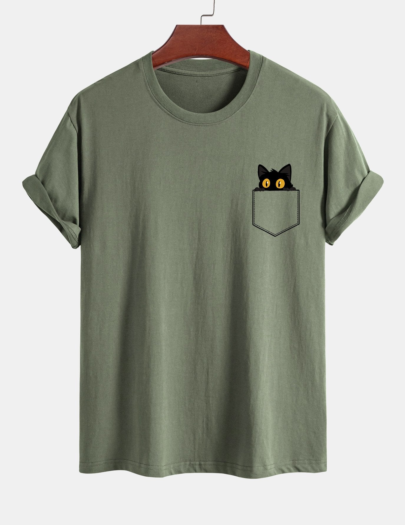 Regulär geschnittenes T-Shirt mit schwarzer Katzenmotivtasche
