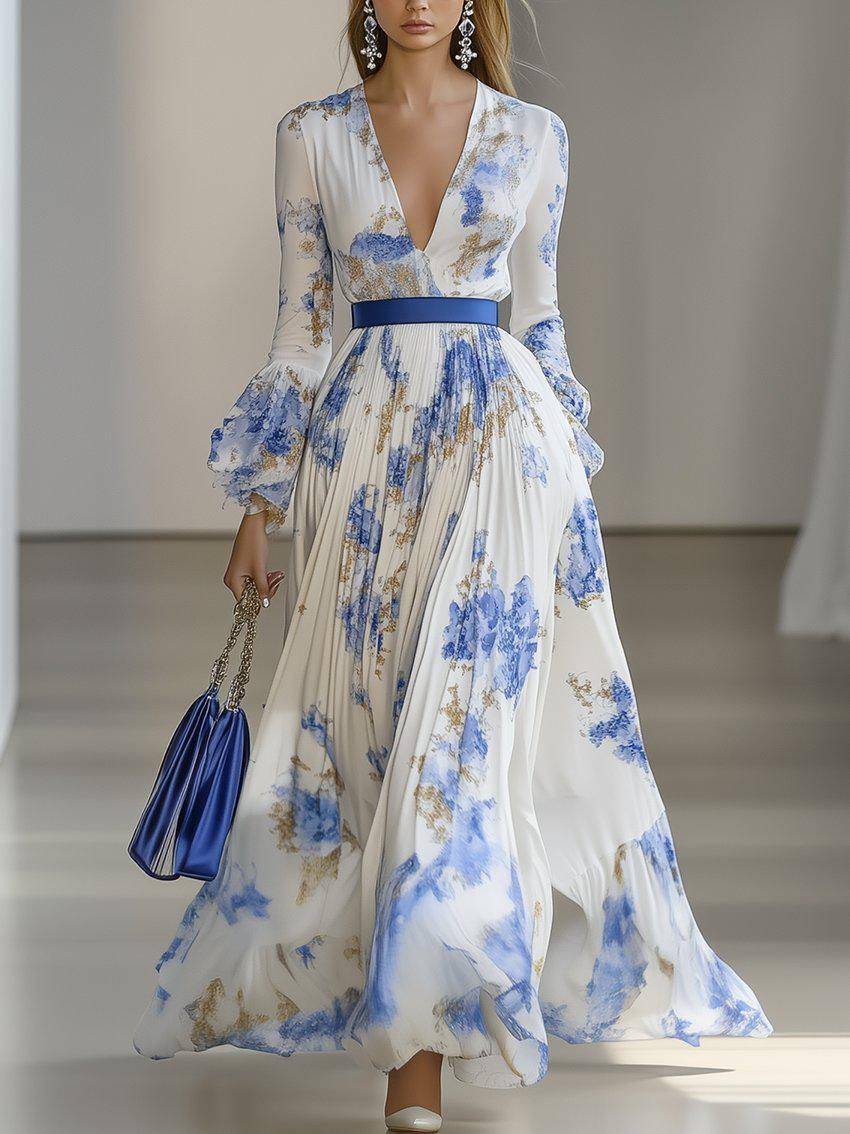 Wunderschönes Blumenmuster V-Ausschnitt Maxikleid