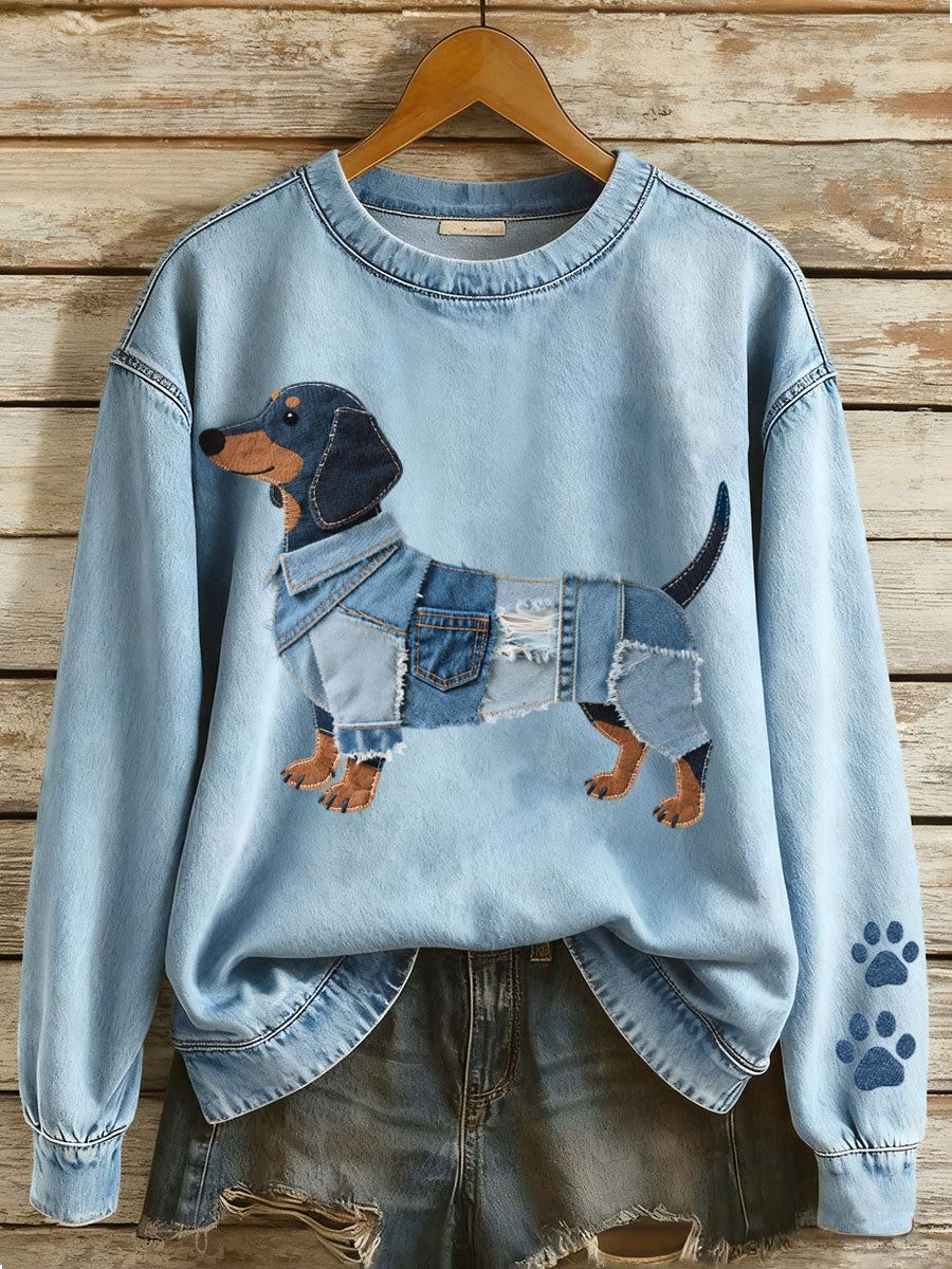 Sol - Damen Sweatshirt mit Denim-Patchwork und Dackelmuster
