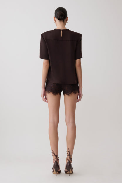 Harlyn Schulterpolster Kurzarm Satin Top - Dunkle Schokolade