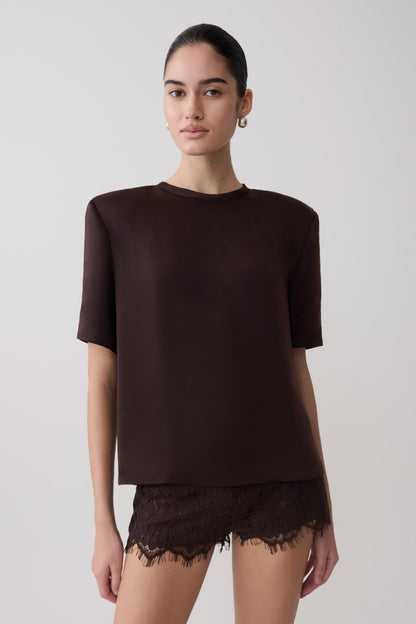 Harlyn Schulterpolster Kurzarm Satin Top - Dunkle Schokolade
