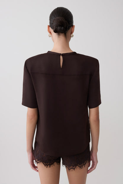 Harlyn Schulterpolster Kurzarm Satin Top - Dunkle Schokolade