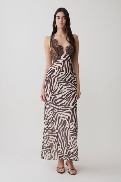 Angeline Spitzen- und Chiffon-Maxikleid - Abstrakter Zebra-Print