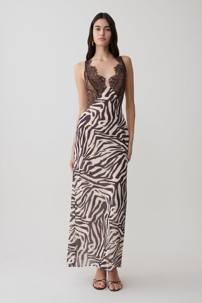 Angeline Spitzen- und Chiffon-Maxikleid - Abstrakter Zebra-Print