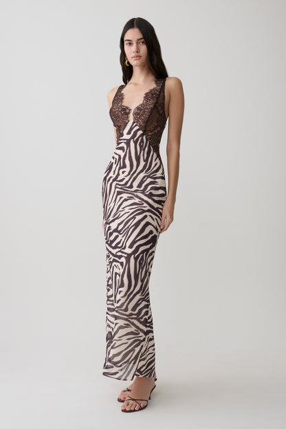 Angeline Spitzen- und Chiffon-Maxikleid - Abstrakter Zebra-Print