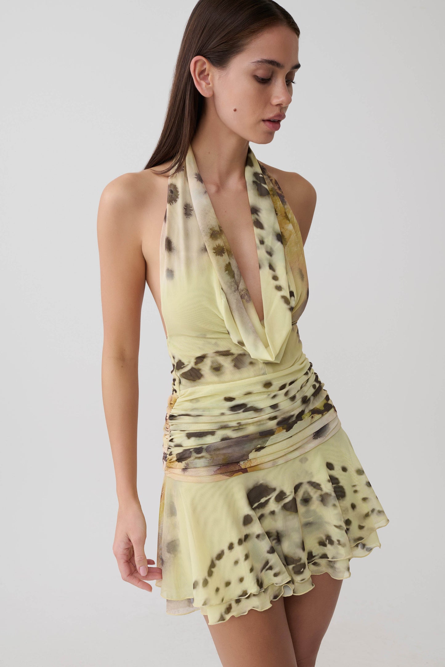 Adalee Mesh Halter Mini Kleid - Gelbes Floral-Leopardenmuster
