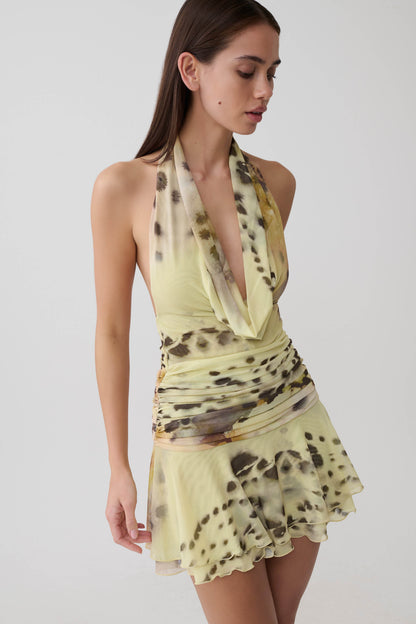 Adalee Mesh Halter Mini Kleid - Gelbes Floral-Leopardenmuster