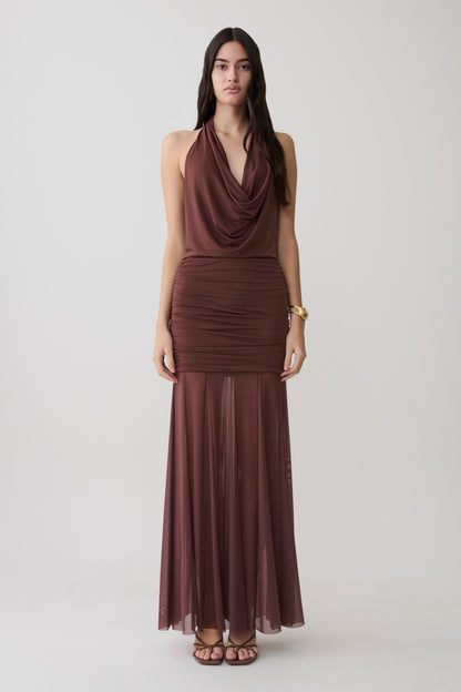 Jorja Draped Halter Slinky Maxikleid - Schokolade