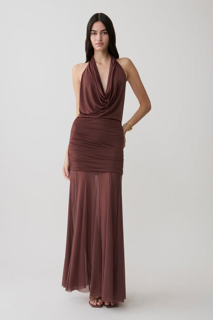 Jorja Draped Halter Slinky Maxikleid - Schokolade