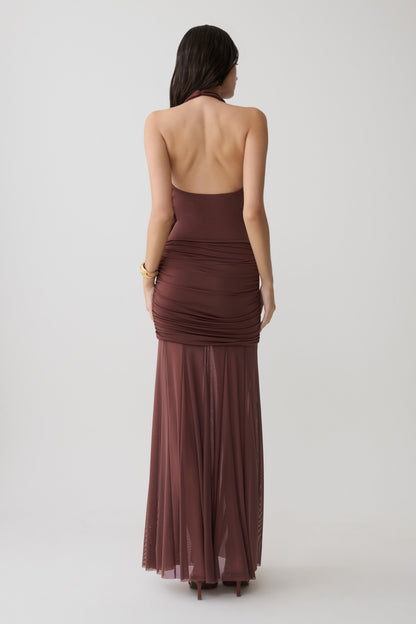 Jorja Draped Halter Slinky Maxikleid - Schokolade