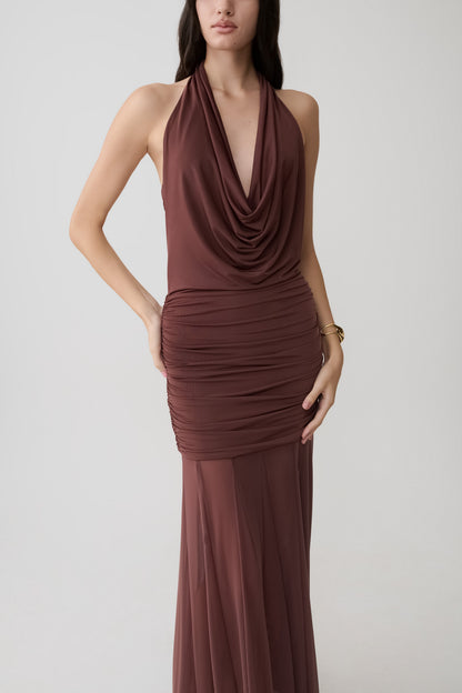 Jorja Draped Halter Slinky Maxikleid - Schokolade