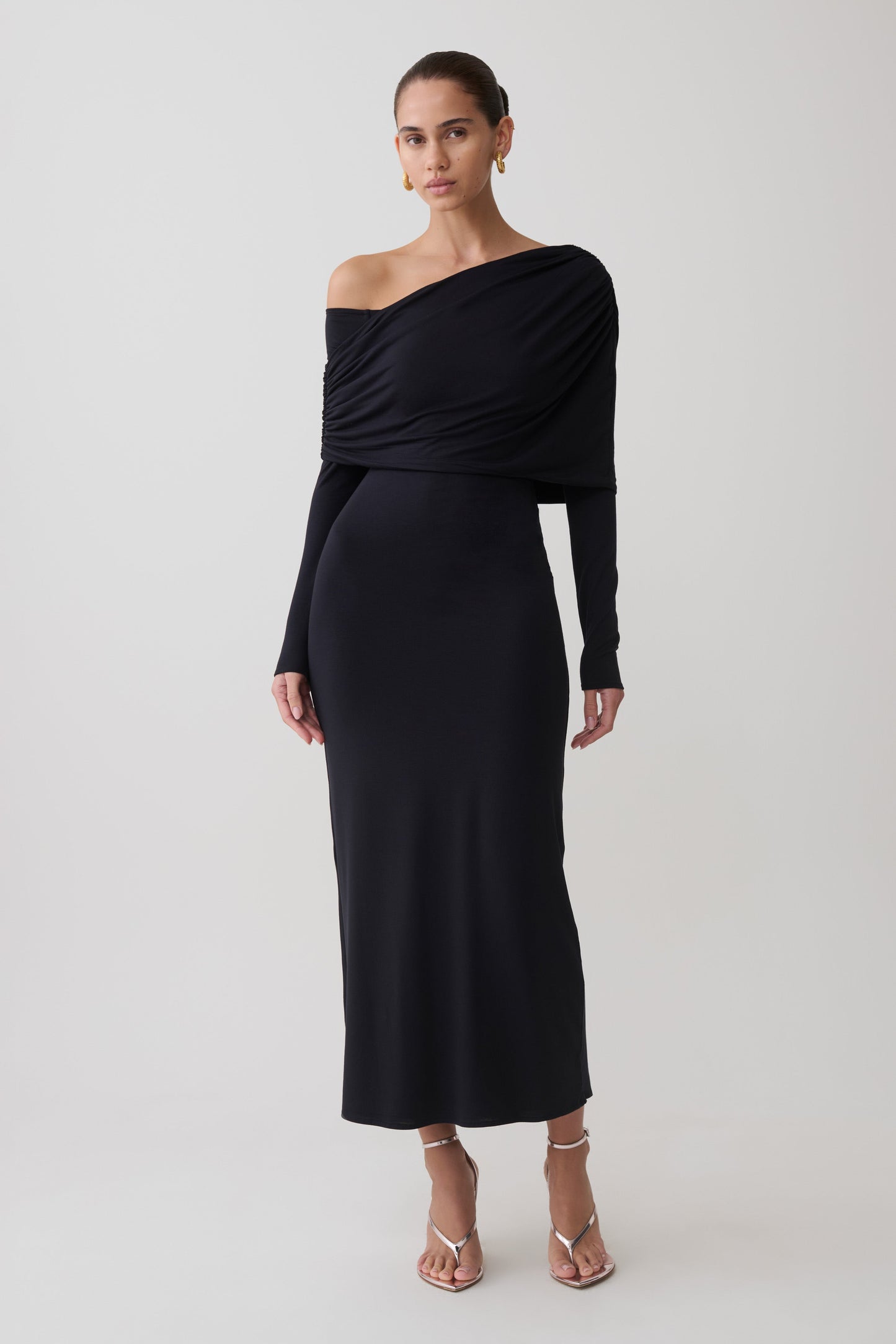 Corinna Modal Ein-Schulter Midi Kleid - Schwarz