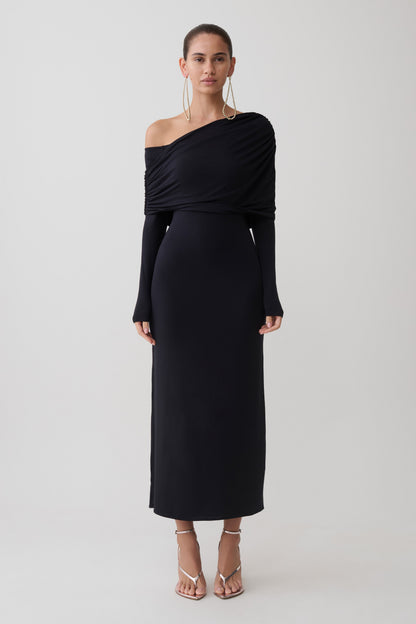 Corinna Modal Ein-Schulter Midi Kleid - Schwarz