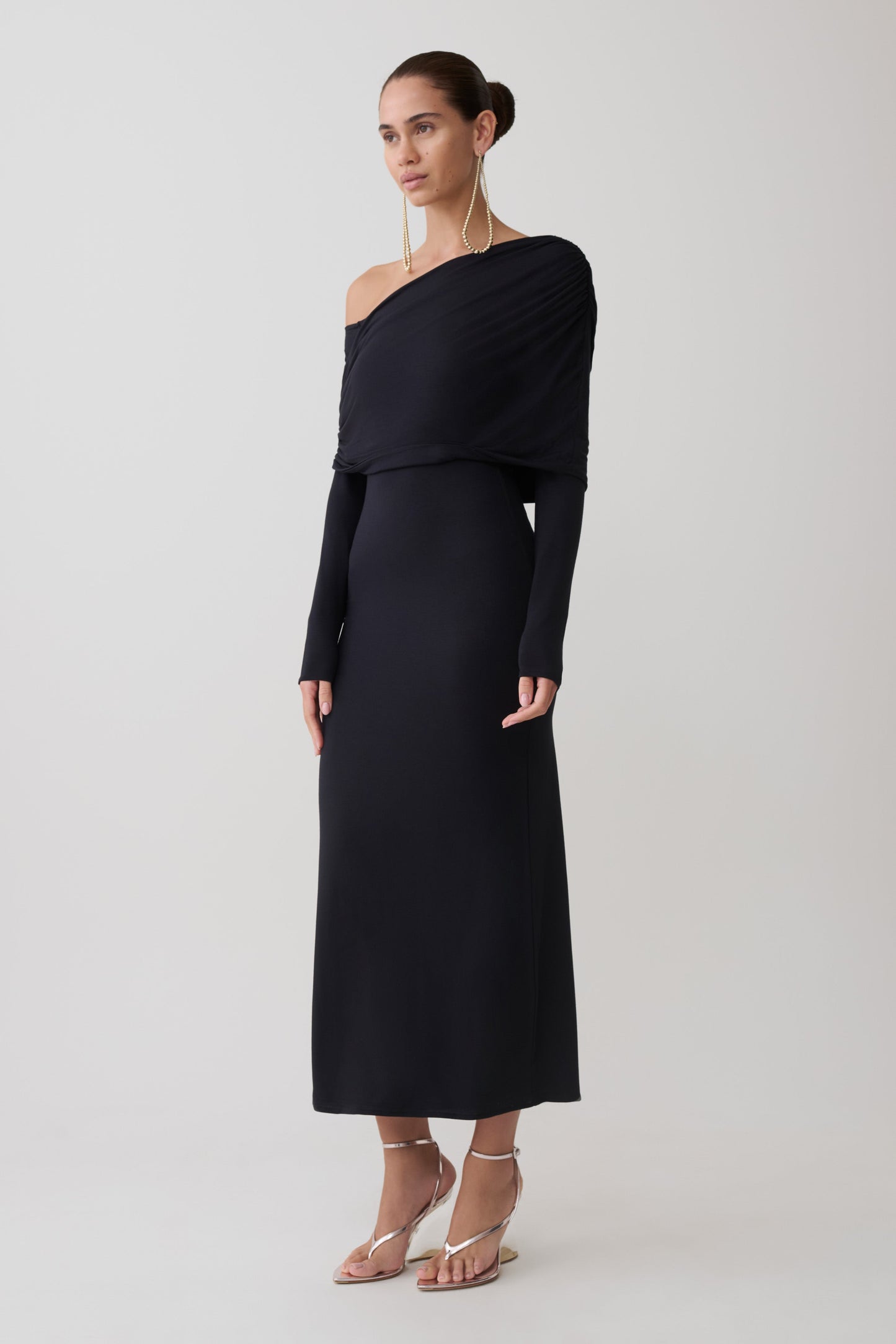 Corinna Modal Ein-Schulter Midi Kleid - Schwarz