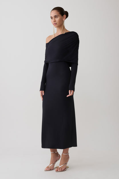 Corinna Modal Ein-Schulter Midi Kleid - Schwarz