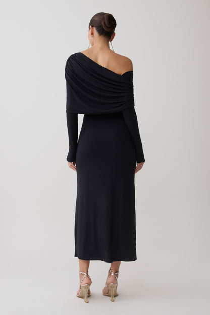 Corinna Modal Ein-Schulter Midi Kleid - Schwarz