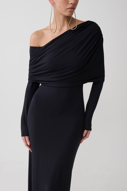 Corinna Modal Ein-Schulter Midi Kleid - Schwarz