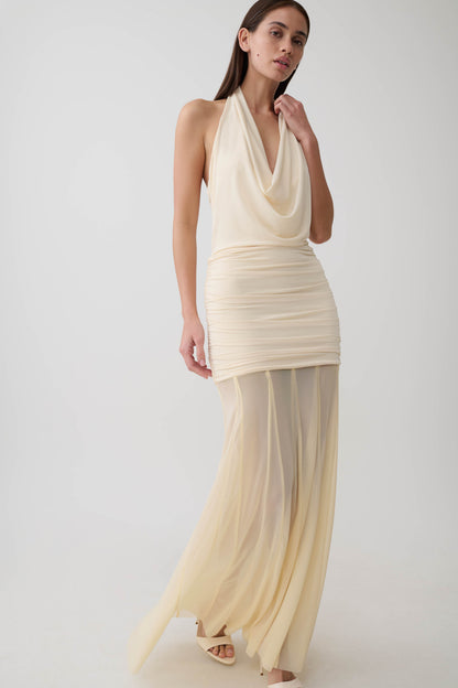 Jorja Draped Halter Slinky Maxikleid - Elfenbein