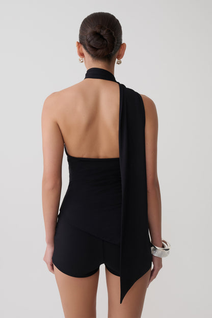 Jemma One Shoulder Tie Top - Schwarz