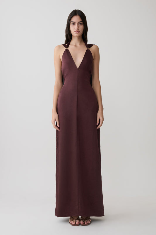 Myla Draped Shoulders Satin Maxi Kleid - Schokolade
