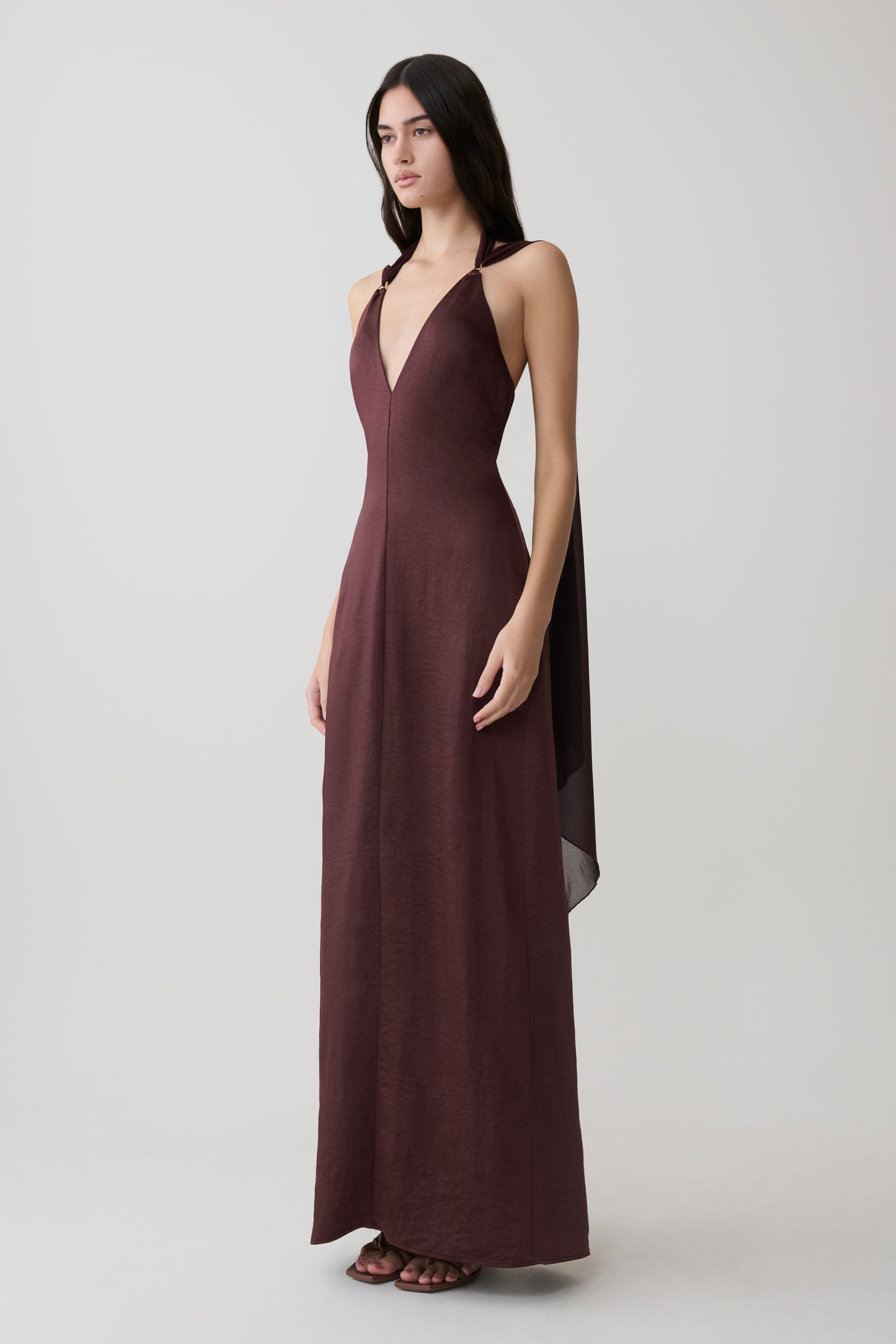 Myla Draped Shoulders Satin Maxi Kleid - Schokolade