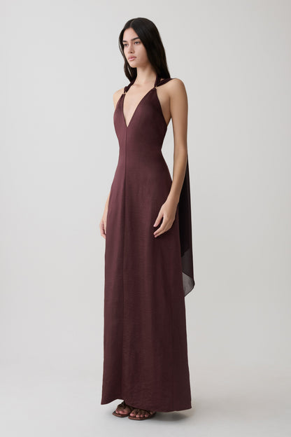 Myla Draped Shoulders Satin Maxi Kleid - Schokolade