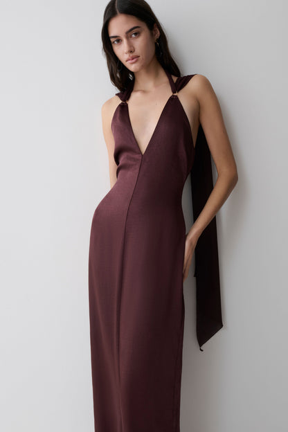 Myla Draped Shoulders Satin Maxi Kleid - Schokolade