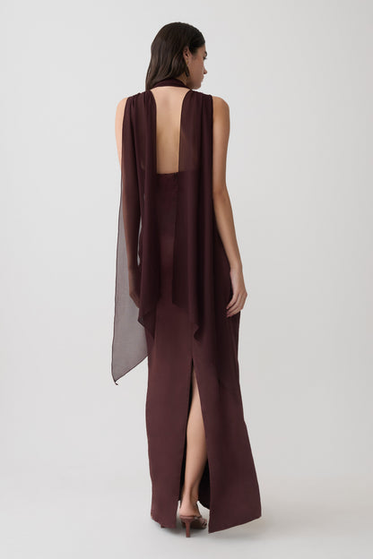 Myla Draped Shoulders Satin Maxi Kleid - Schokolade