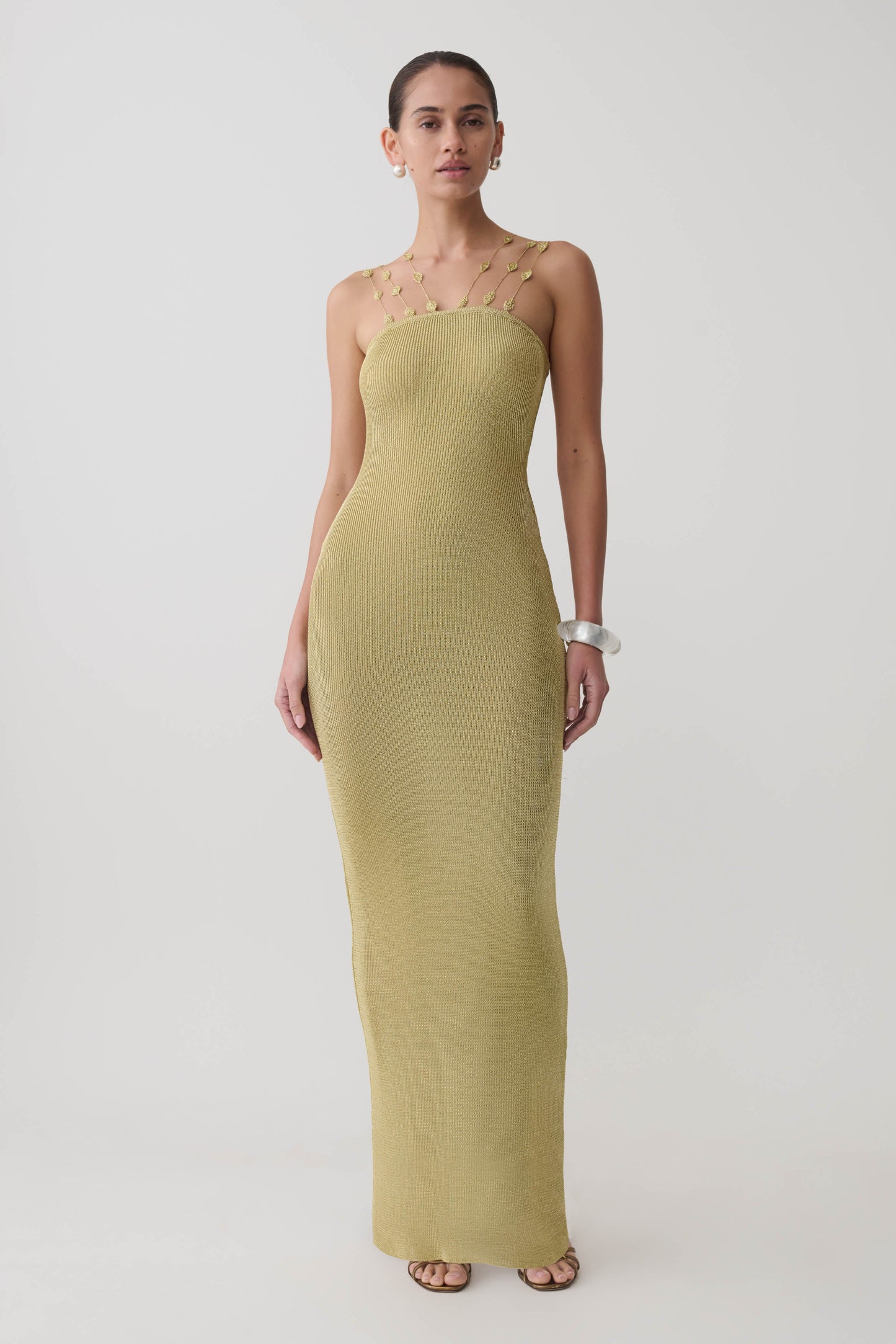 Shami Lurex Maxikleid mit Blumen - Gold