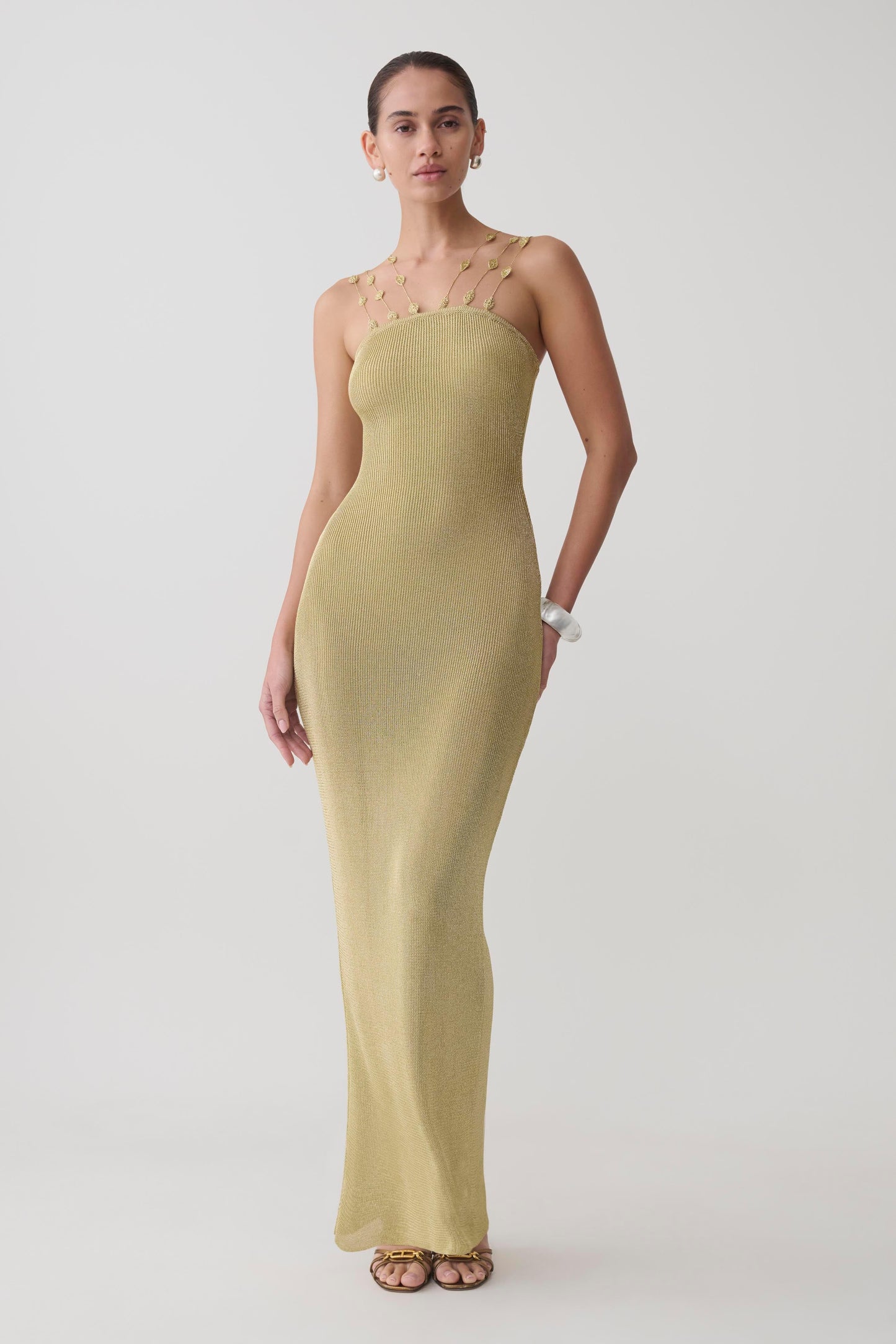 Shami Lurex Maxikleid mit Blumen - Gold