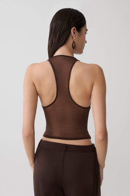 Aspyn Slinky- und Mesh-Top - Schokolade