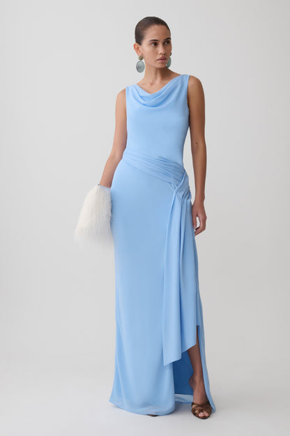 Marjorie Draped Back Chiffon Maxi Kleid - Himmelblau