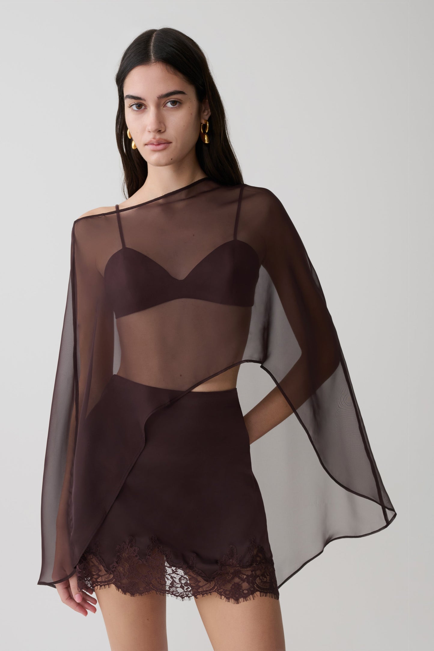 Kirstine Bralette mit Chiffon-Cape - Schokolade