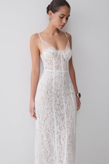 Ottilie Spitzen- und Mesh-Midikleid - Weiß