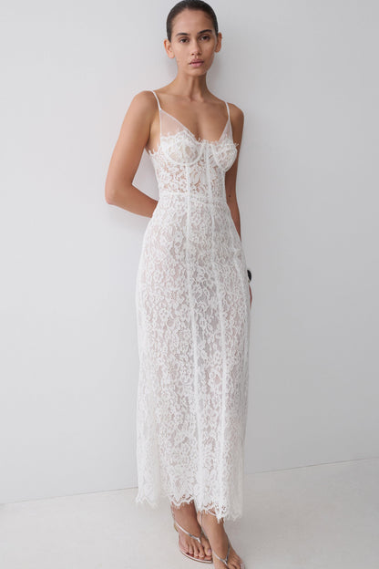 Ottilie Spitzen- und Mesh-Midikleid - Weiß