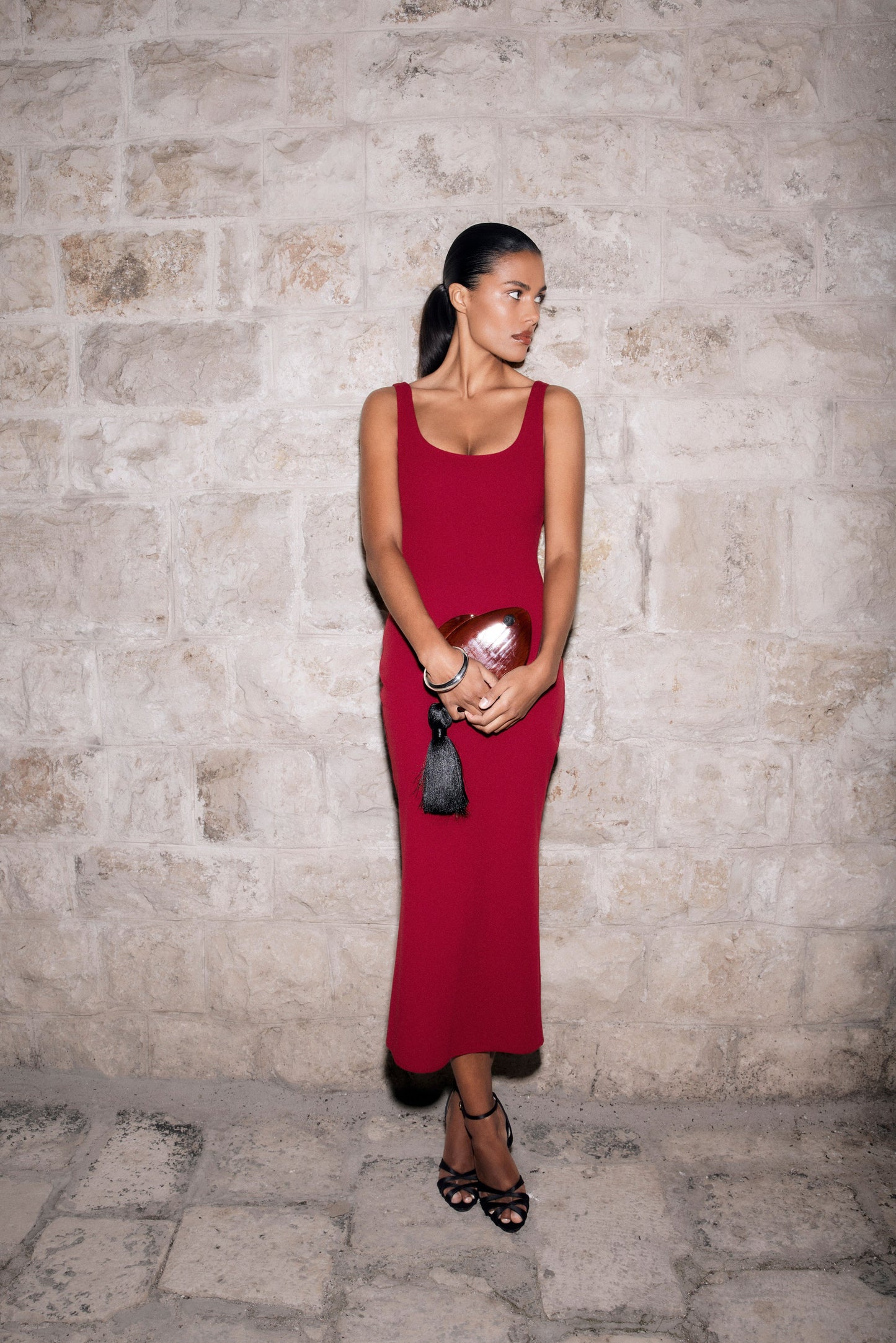 Allyra Scoop Stretch Crepe Midi Kleid - Rot
