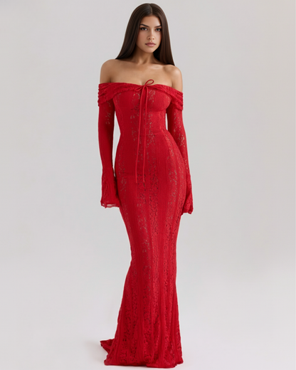 Langes Spitzenkleid mit Bardot-Ausschnitt