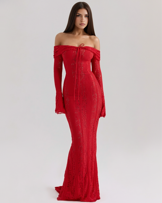 Langes Spitzenkleid mit Bardot-Ausschnitt
