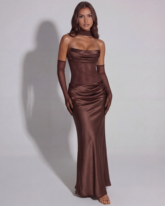 Satin langes Kleid mit drapiertem Ausschnitt
