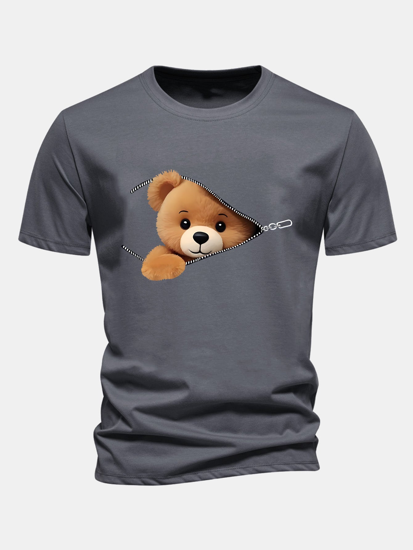 Reguläre Passform Reißverschluss Bären Druck Baumwoll T-Shirt