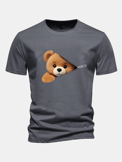 Reguläre Passform Reißverschluss Bären Druck Baumwoll T-Shirt