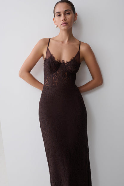 Ottilie Spitzen- und Netz-Midi-Kleid - Dunkle Schokolade