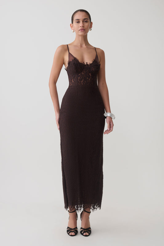 Ottilie Spitzen- und Netz-Midi-Kleid - Dunkle Schokolade
