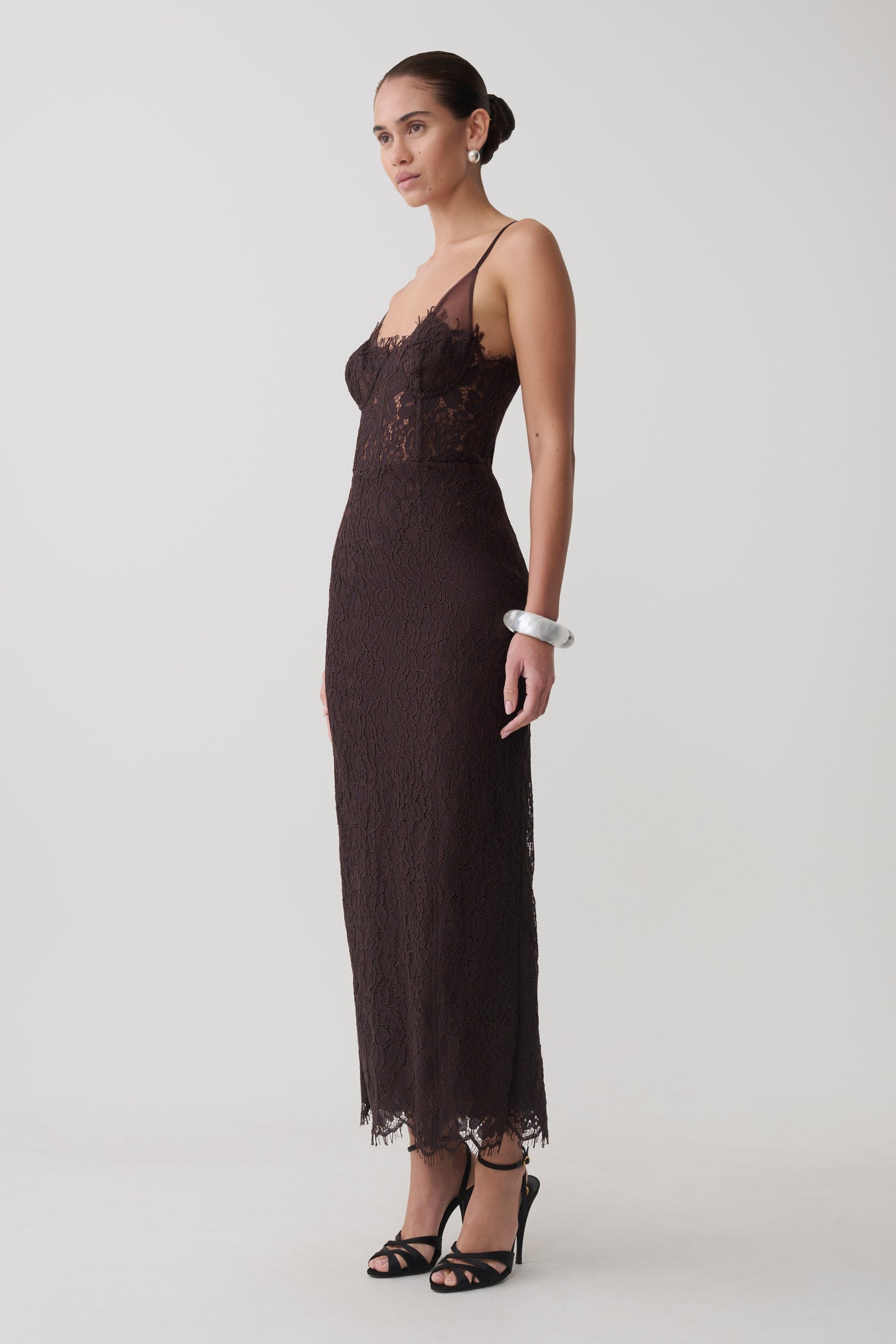 Ottilie Spitzen- und Netz-Midi-Kleid - Dunkle Schokolade