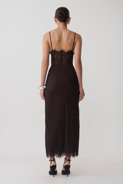 Ottilie Spitzen- und Netz-Midi-Kleid - Dunkle Schokolade